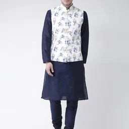 DEYANN Men Navy Blue & White Solid Kurta with Churidar & Nehru Jacket-picture-35