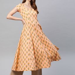 MBE Women Peach & Green Pure Cotton Floral Printed Kurta-image-40
