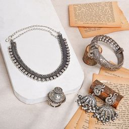 TEEJH Silver-Plated Beaded Oxidised Jewellery Set-image-83