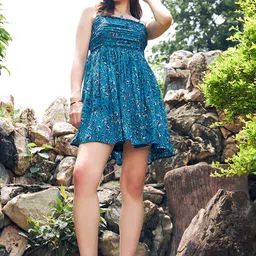 KASSUALLY Blue Floral Printed Shoulder Strap Gathered Fit & Flare Dress-image-43