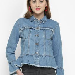 Kotty Women Blue Printed Denim Jacket-image-9