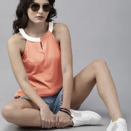 Roadster Women Peach-Coloured Keyhole Neck Tank Top With Contrast Detail-image-80