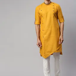 Manyavar Men Yellow Self-Checked Straight Kurta-image-34