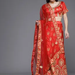 Mitera Red & Gold-Toned Embroidered Semi-Stitched Lehenga & Unstitched Blouse With Dupatta-17