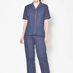 Cation Women Navy & White Printed Cotton Night Suit-image-61