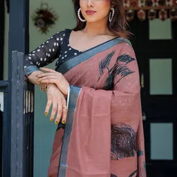 HERE&NOW Printed Zari Pure Linen Banarasi Saree-picture-18