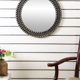 HOSLEY Black & Silver-Toned Round Metal Studded Wall Mirror-33