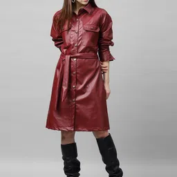 Athena Women Maroon Solid Leather Shirt Dress-image-94