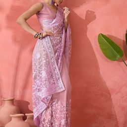 Sangria Floral Embroidered Net Saree With Blouse Piece-picture-5
