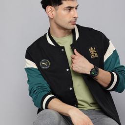 Puma x RCB Brand Logo Patchwork Relaxed Fit Pure Cotton Varsity Jacket-image-76