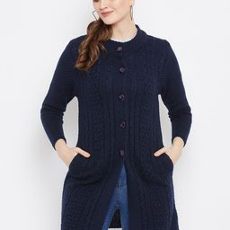 Zigo Women Navy Blue Self Design Longline Cardigan-32