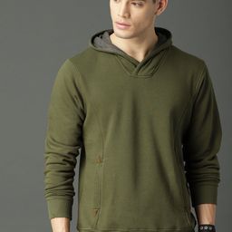 Roadster Men Olive Green Solid Hooded Sweatshirt-image-21