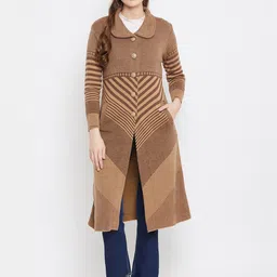 Zigo Women Brown & Beige Striped Longline Cardigan-picture-38