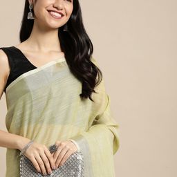 SANGAM PRINTS Lime Green Solid Linen Blend Saree-image-19
