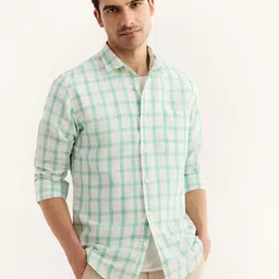 Red Flame Tartan Checked Cotton Linen Casual Shirt-image-81
