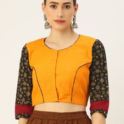 tantkatha Yellow & Black Solid Cotton Saree Blouse-image-18