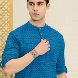 House of Pataudi Men Blue Ethnic Motifs Regular Kurta-image-27