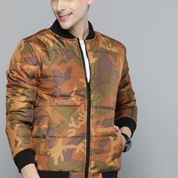 HERE&NOW Men Orange & Olive Green Camouflage Print Bomber Jacket-image-60