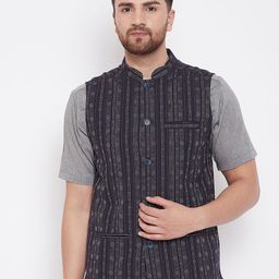 even Men Blue & White Woven Design Nehru Jacket-picture-8