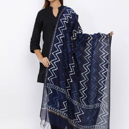 SOUNDARYA Navy Blue Block Printed Pure Cotton Dupatta-31