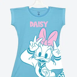 YK Disney Girls Blue & Pink Daisy Duck Graphic Printed A-Line T-shirt Dress-image-72