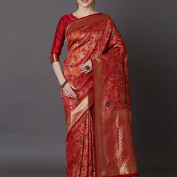 Mitera Red Silk Blend Woven Design Kanjeevaram Saree-image-24
