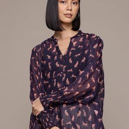 The Roadster Lifestyle Co. Mandarin Collar Sheer Smocking Sleeves Top-image-48