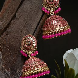 ANIKAS CREATION  Gold plated Pink Dome Shaped Enamelled Jhumkas-12
