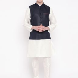 MAG Men White & Navy Blue Solid Kurta with Churidar & Nehru Jacket-picture-21