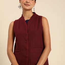 Anouk Women Maroon Woollen Blend Woven Design Winter Waistcoat-1