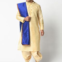 DEYANN Men Cream-Coloured & Blue Solid Kurta with Dhoti Pants & Dupatta-15