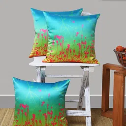 ANS Green & Blue Set of 3 Floral Square Cushion Covers-18