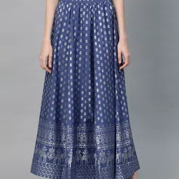 AURELIA Women Blue & Silver Ethnic Print Flared Maxi Skirt-picture-17