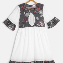 Eimoie White & Grey Pure Cotton Ethnic Motif A-Line Dress-image-99