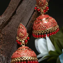ANIKAS CREATION  Gold plated & Red Dome Shaped Enamelled Jhumkas-18