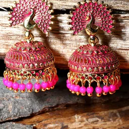 ANIKAS CREATION Pink & Gold-Plated Enamelled Dome Shaped Jhumkas-38