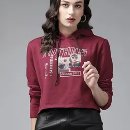 KASSUALLY Women Maroon & White Alphanumeric Print Hooded Sweatshirt-image-87