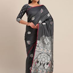 Mitera Charcoal Grey & Silver-Toned Silk Blend Woven Design Kanjeevaram Saree-picture-12