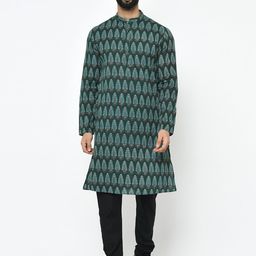 KISAH Men Green & Black Printed Kurta with Churidar-29