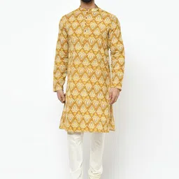 KISAH Men Mustard Yellow & Cream-Coloured Printed Kurta with Pyjamas-0