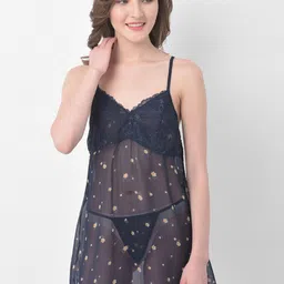Clovia Navy Blue Lace Sheer Printed Baby Doll With Thongs NS0902P08XXL-image-16