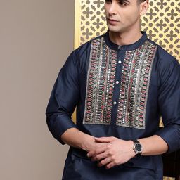 House of Pataudi Jashn Ethnic Motifs Yoke Design Indigo Zari Work Kurta-picture-17