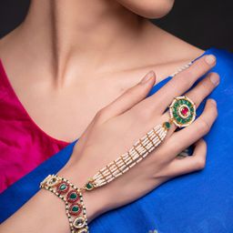 PANASH Gold-Plated Stones Studded & Beaded Hathphool Ring Bracelet-image-8