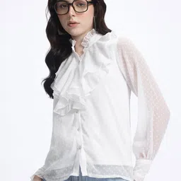 glitchez Cottagecore Chic Ruffle Detail Dobby Semi-Sheer Shirt Style Top-picture-5