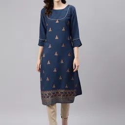 Sasimo Women Navy Blue & Golden Ethnic Motifs Printed Kurta-image-19