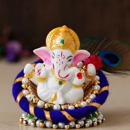 eCraftIndia Blue & White Handcrafted Lord Ganesha Idol on Floral Plate with Peacock Feather Decorative Showpiece-10