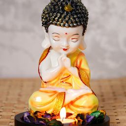 eCraftIndia Orange & White Praying Monk Buddha With Wooden Base Fragranced Petals & Tealight Showpiece-image-75