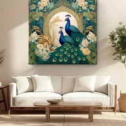 999Store Green & Beige Peacocks Printed Canvas Wall Art-image-43