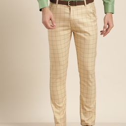 SOJANYA Men Beige & Green Smart Fit Checked Formal Trousers-image-31