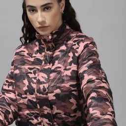 Roadster Women Pink & Brown Camouflage Print Padded Jacket-image-58